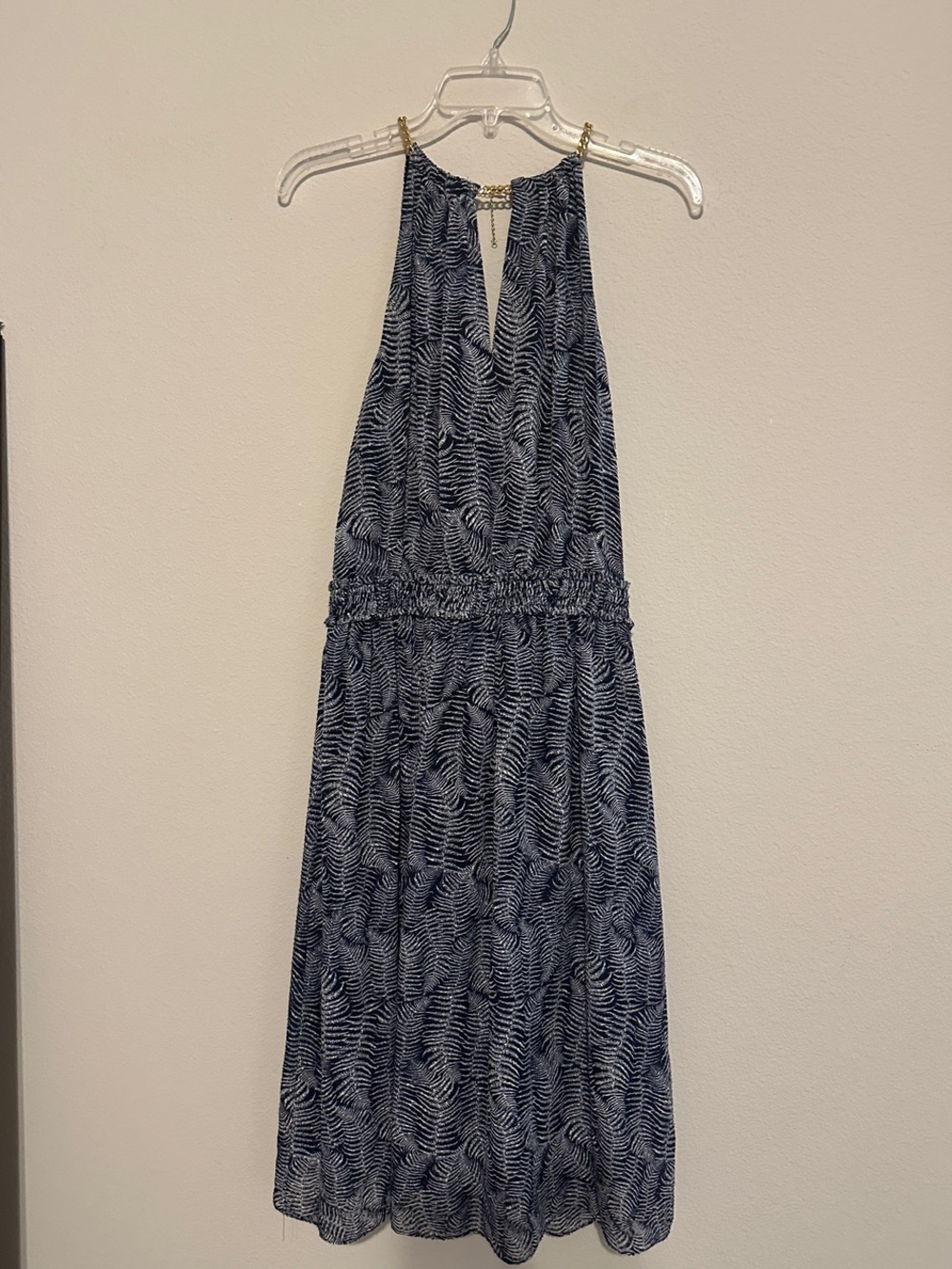 MICHAEL Kors Sleeveless Navy and White Halter Gold Chain Midi Dress. Size 10